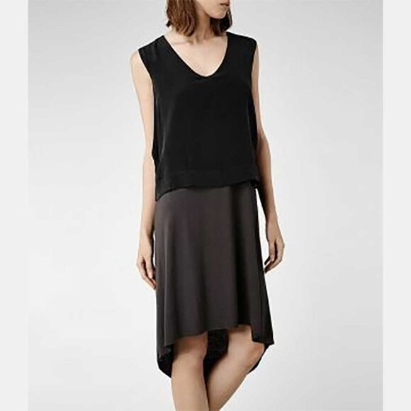 Allsaints Tella layer midi dress gray modal jersey black silk asymmetrical